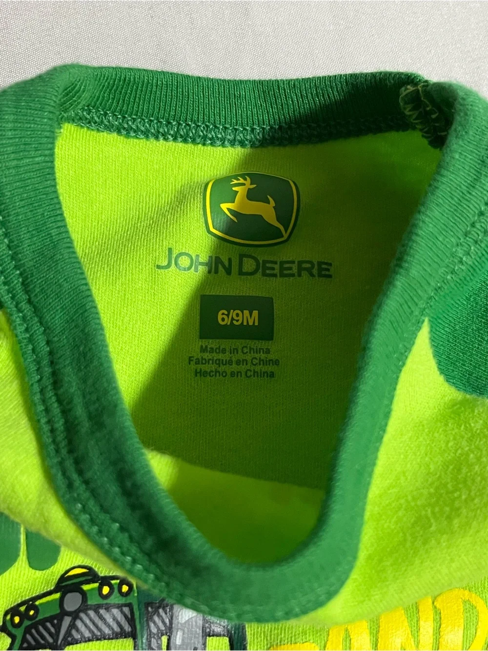 John Deere Green and Dark Green Tractor Baby Onesie Size 6/9 Months